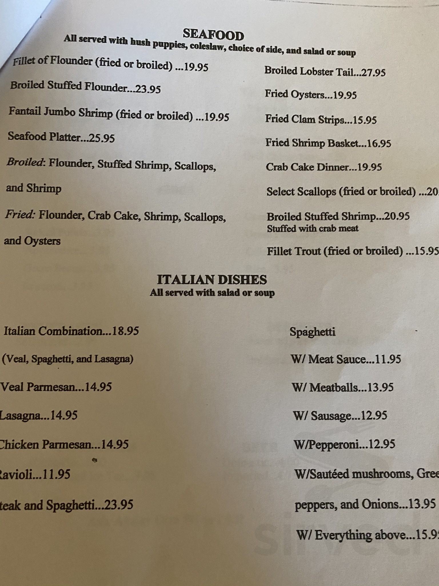 Nick's Spaghetti & Steak House menu in Gloucester Point, Virginia, USA