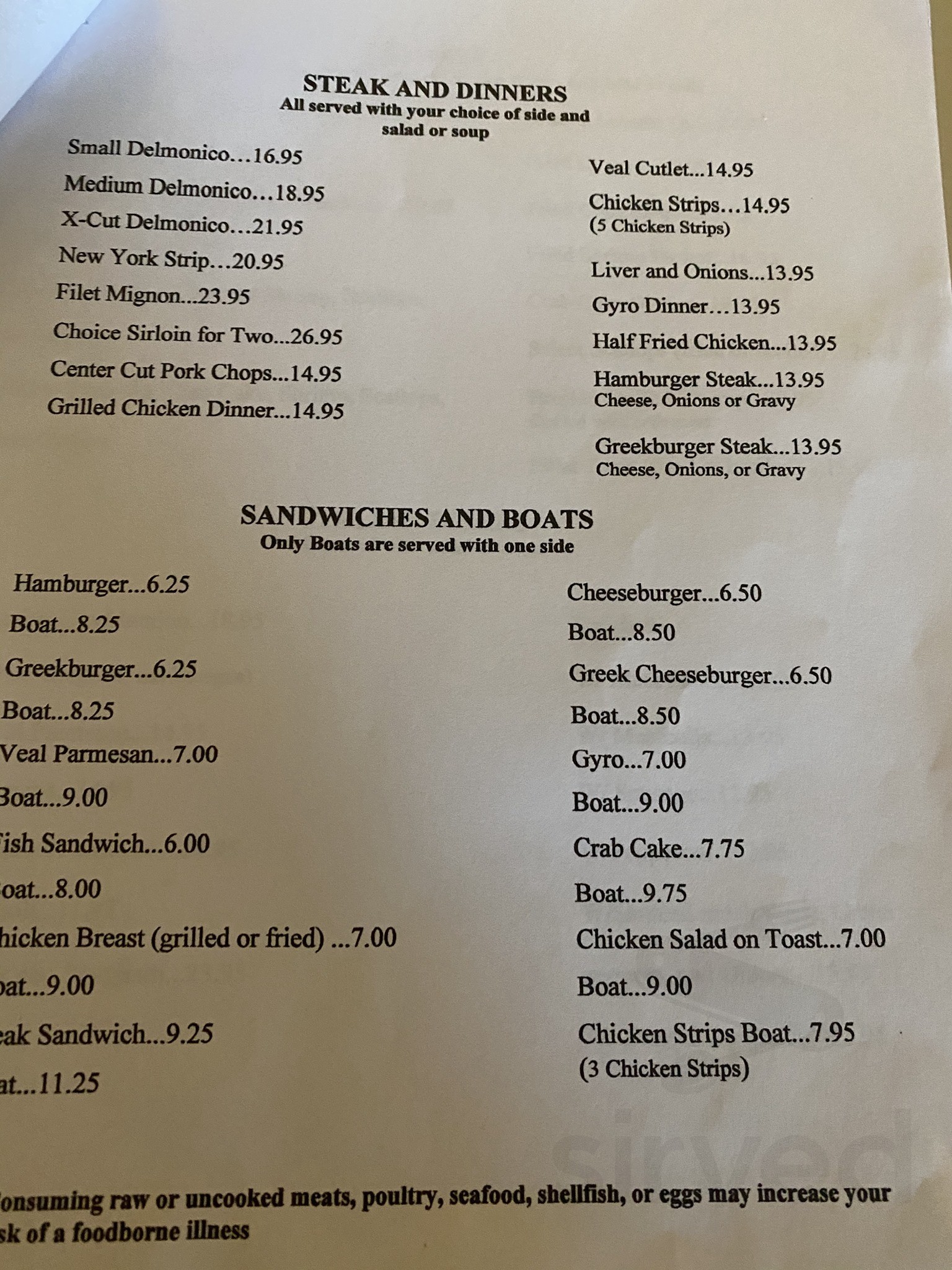 Nick's Spaghetti & Steak House menu in Gloucester Point, Virginia, USA
