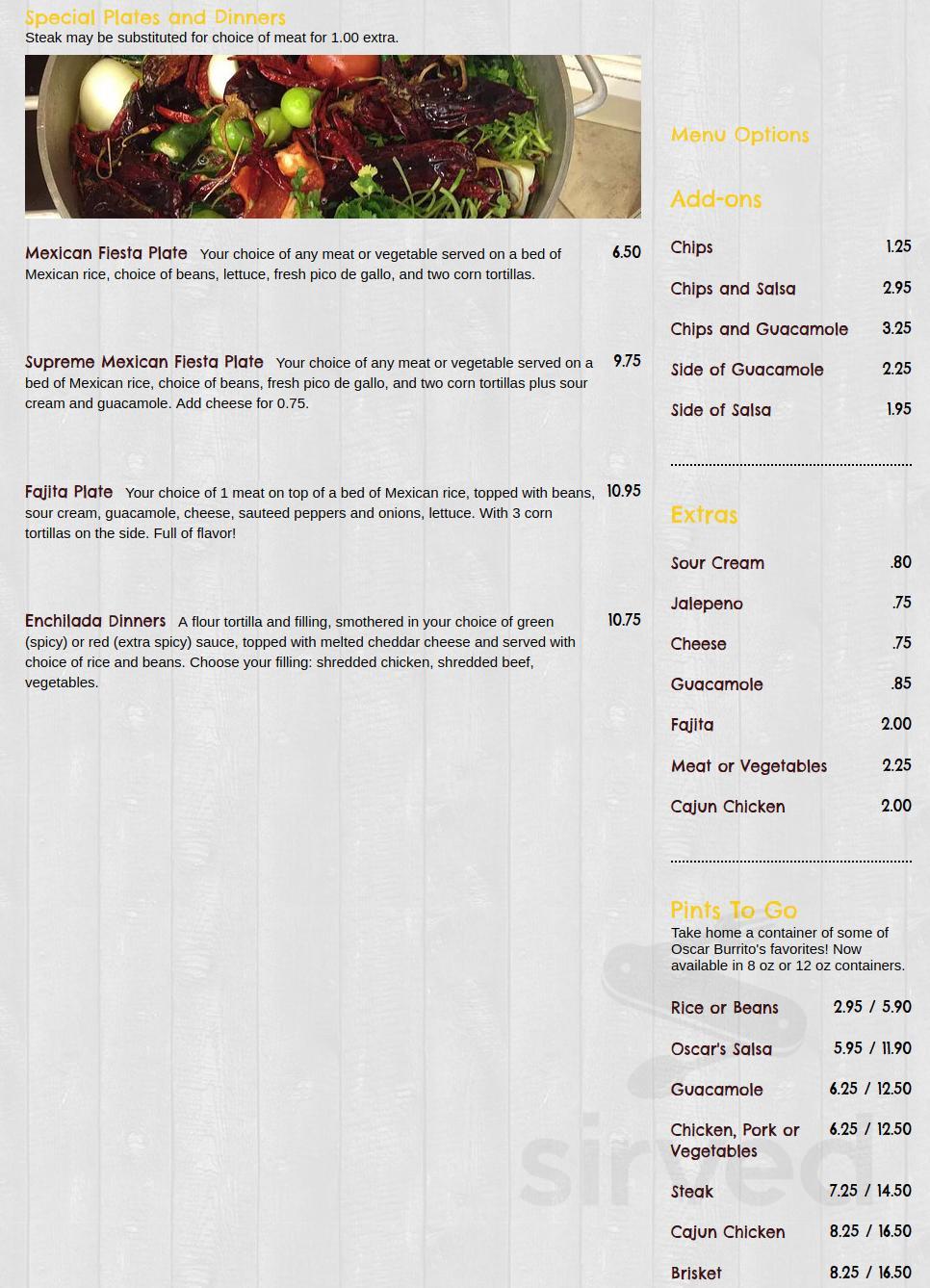 Oscars Burritos Mexican Grill specials menu in Boxborough, Massachusetts