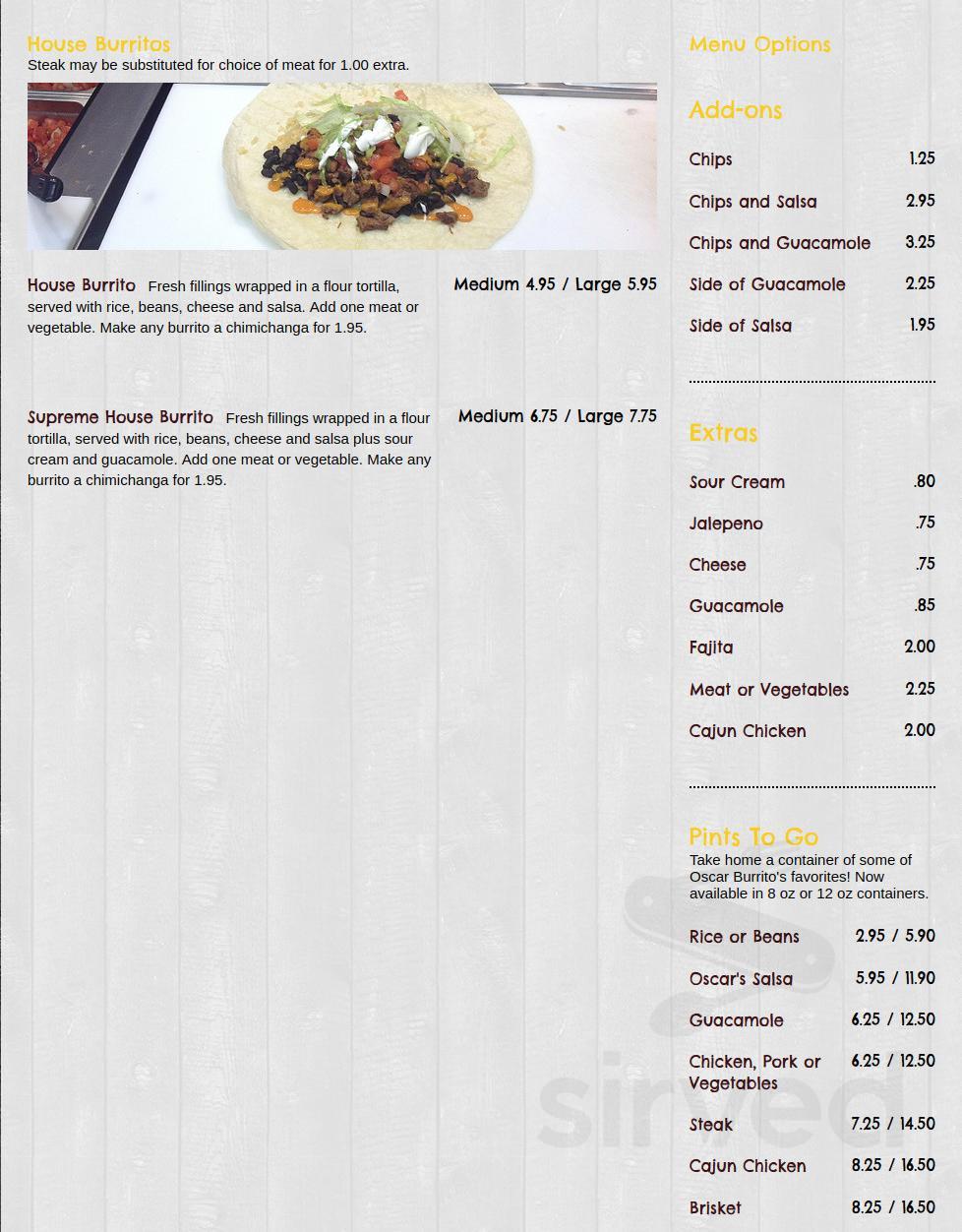 Oscars Burritos Mexican Grill menu in Boxborough, Massachusetts