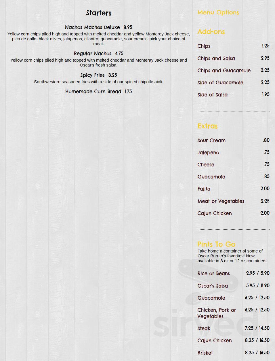 Oscars Burritos Mexican Grill menu in Boxborough, Massachusetts