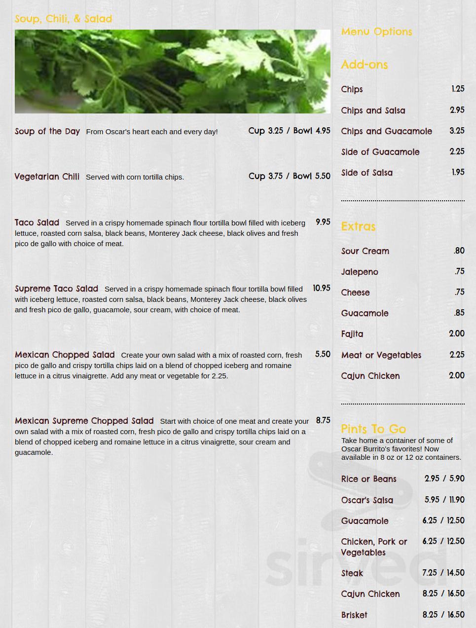 Oscars Burritos Mexican Grill menu in Boxborough, Massachusetts