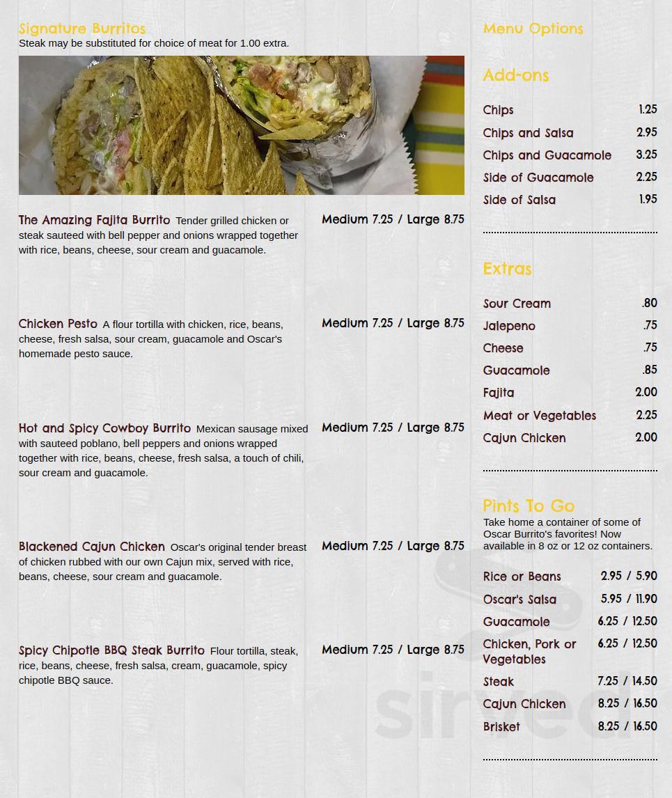 Oscars Burritos Mexican Grill menu in Boxborough, Massachusetts