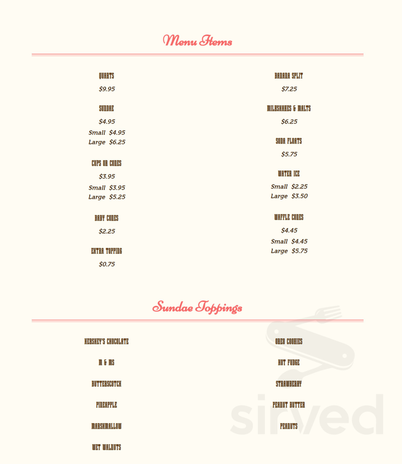 King's Homemade Ice Cream menu in Milton, Delaware, USA