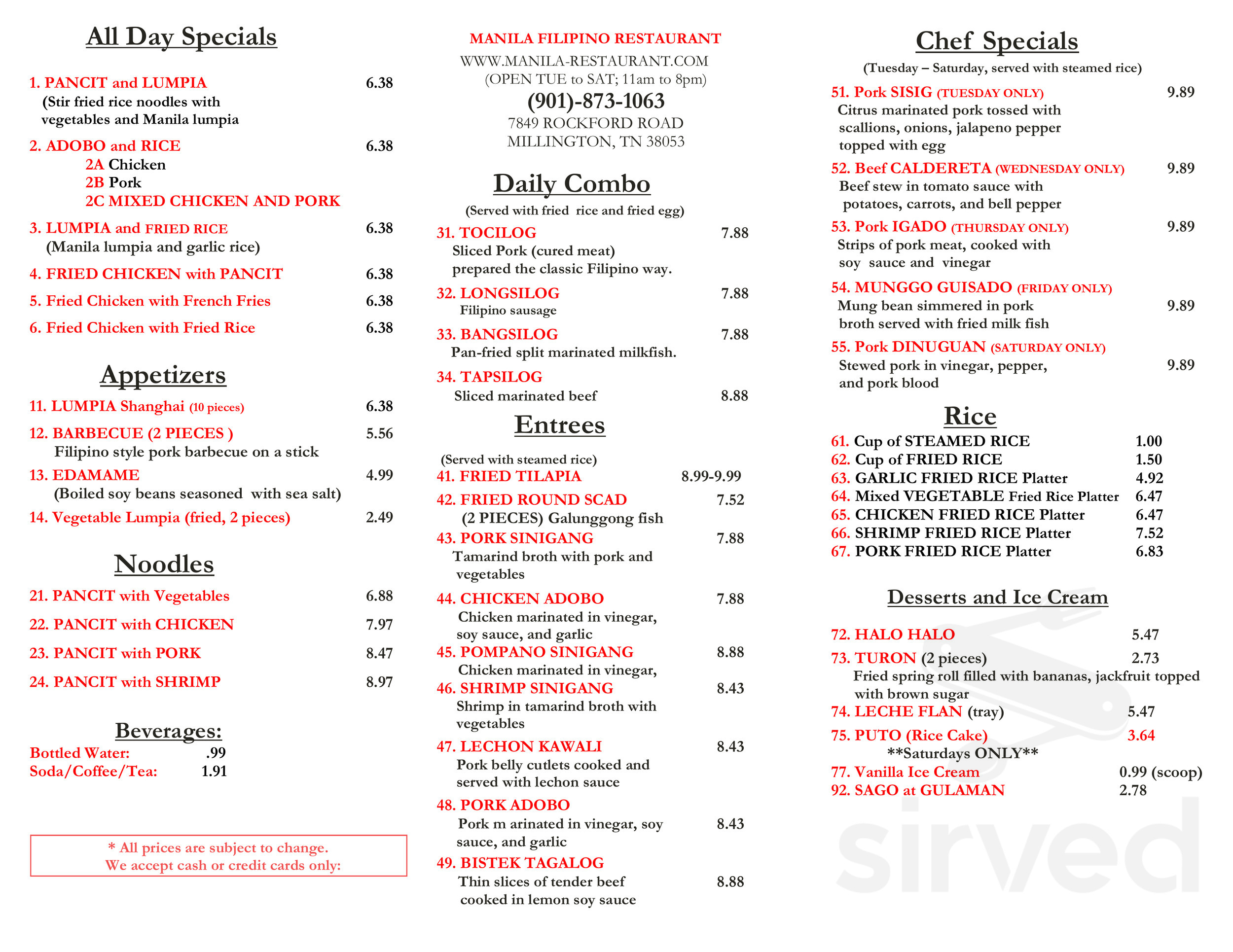 Menu for New Manila Restaurant in Millington, TN Sirved