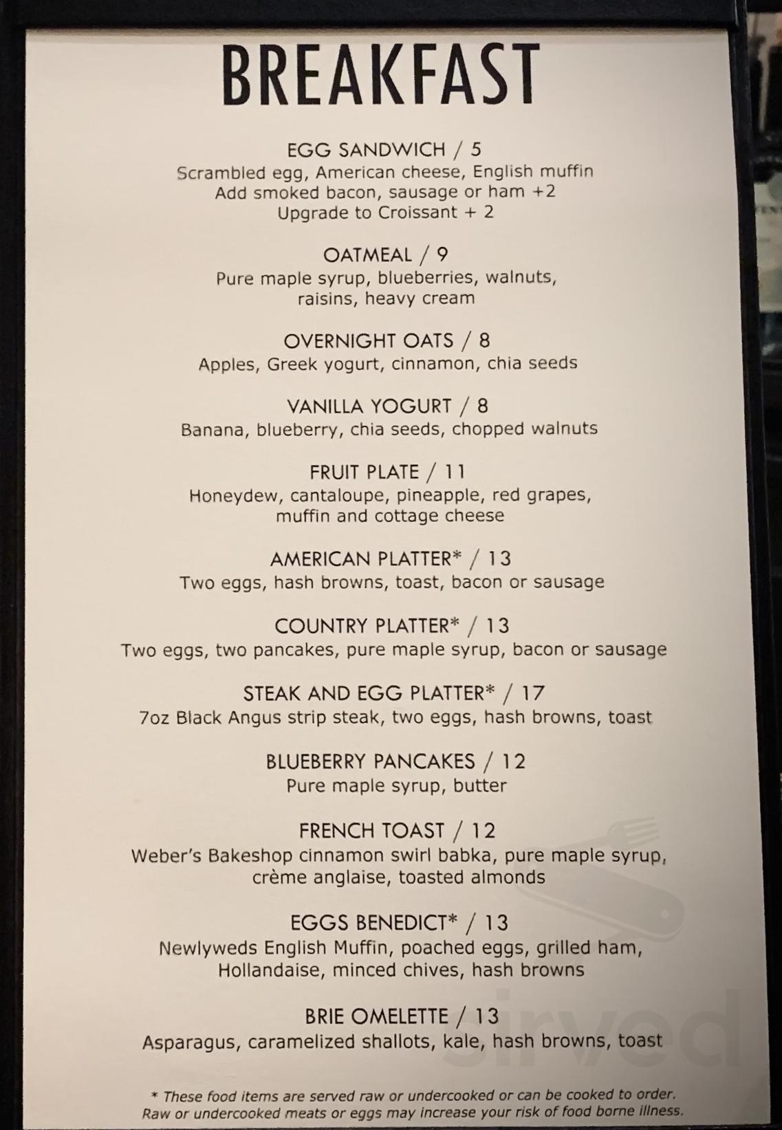 Weber's Breakfast Bar menu in Ann Arbor, Michigan, USA