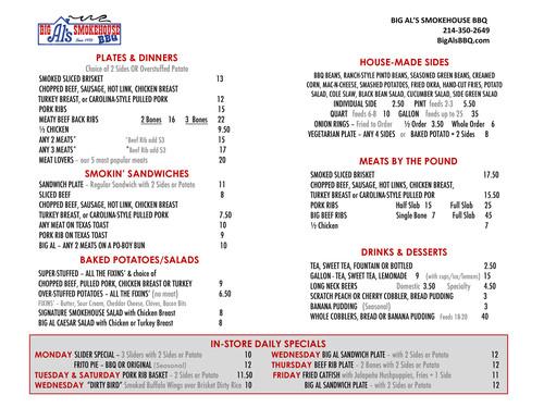 Big Al's Smokehouse BBQ menu in Dallas, Texas, USA