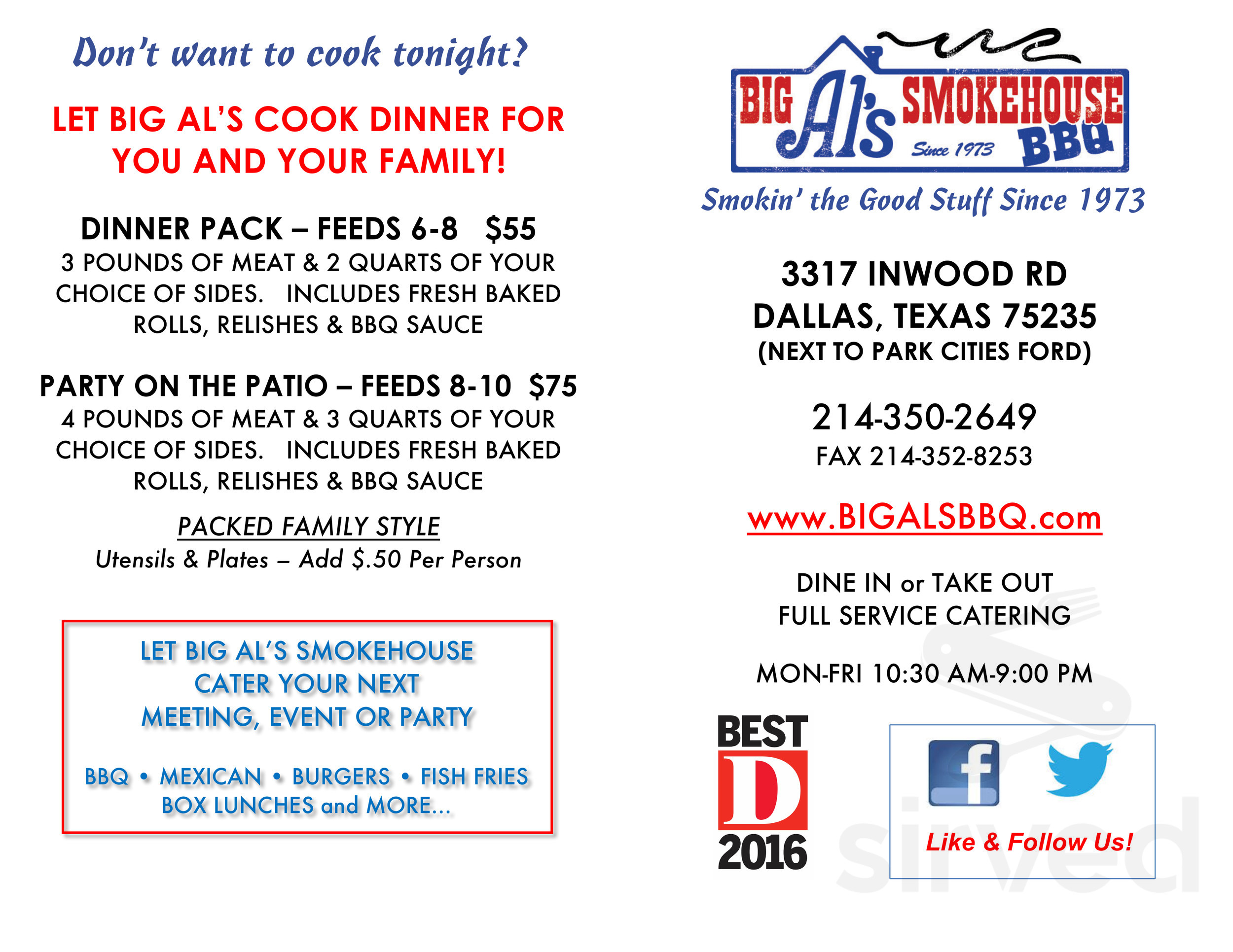 Big Al's Smokehouse BBQ menu in Dallas, Texas, USA