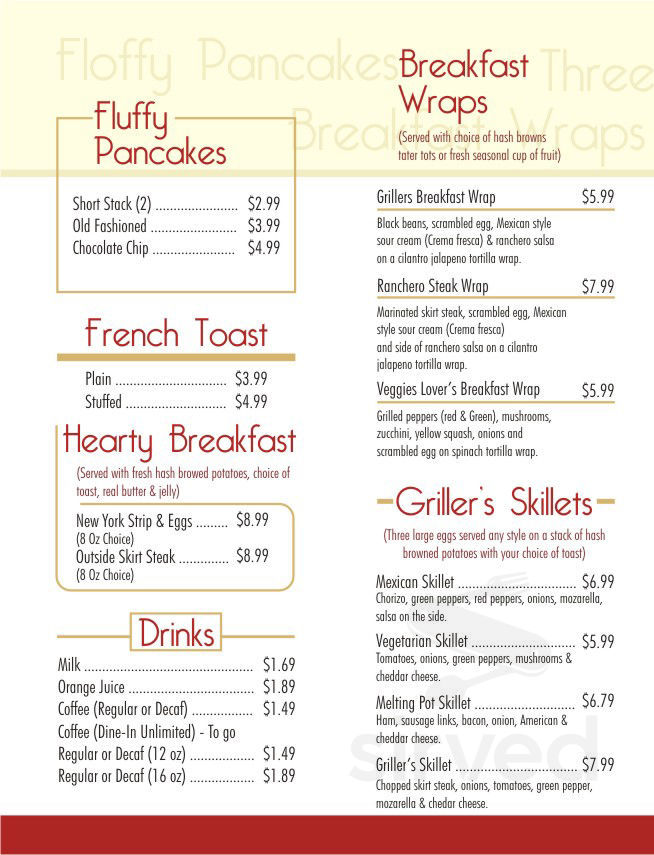 Griller R Menu Menu for Griller's Restaurant in Whiting, IN | Sirved