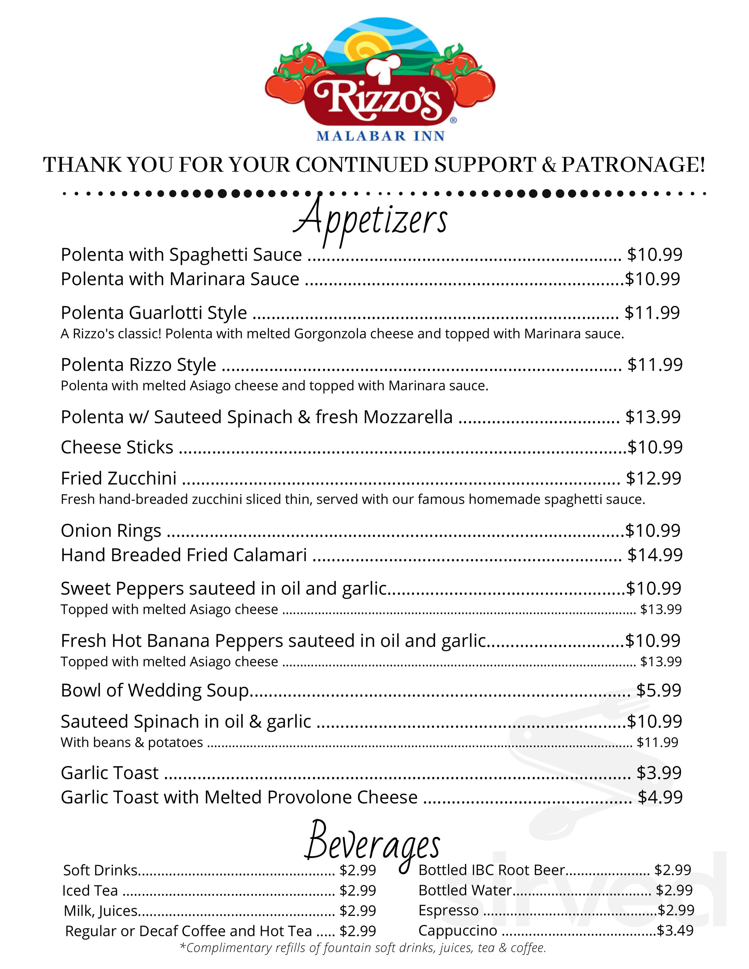 Menu for Rizzo's Malabar Inn in Crabtree, PA | Sirved
