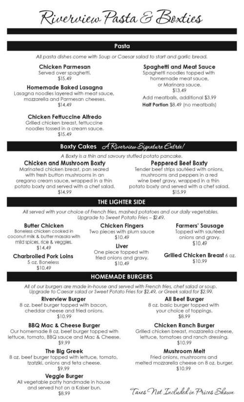 The Riverview Family Restaurant menu in Campbellford, Ontario, Canada