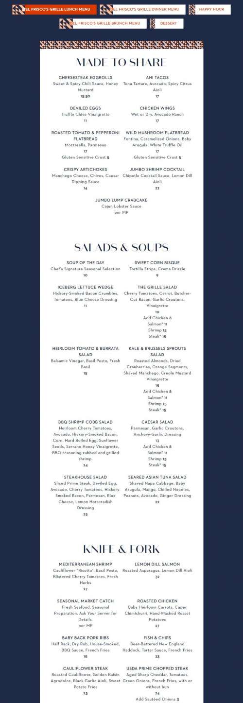 Del Frisco's Grille menu in Dallas, Texas, USA