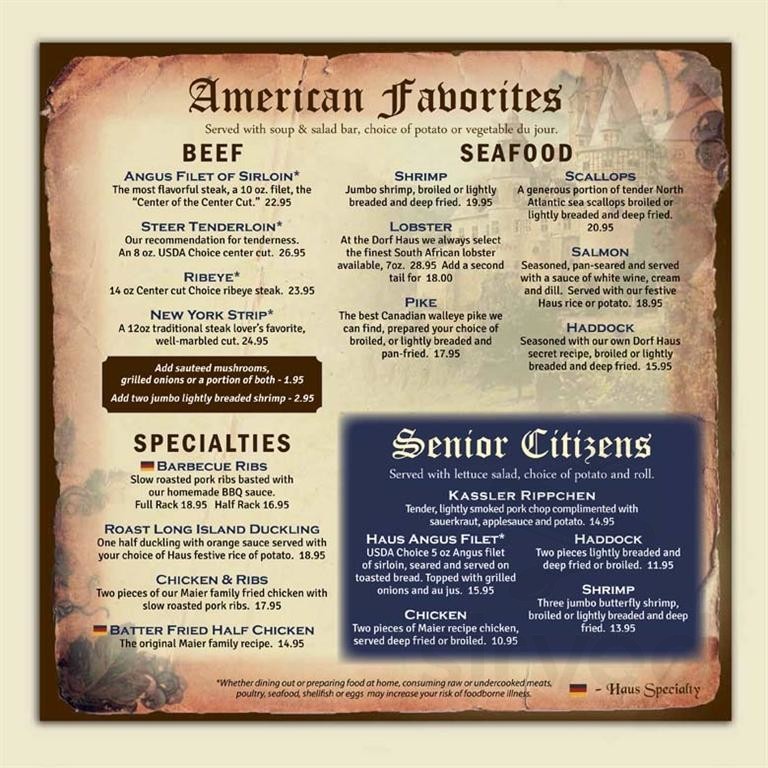 Dorf Haus Supper Club menu in Sauk City, Wisconsin, USA
