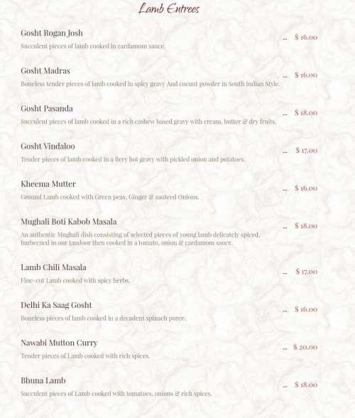 Indian Garden Restaurant menu in Chicago, Illinois, USA