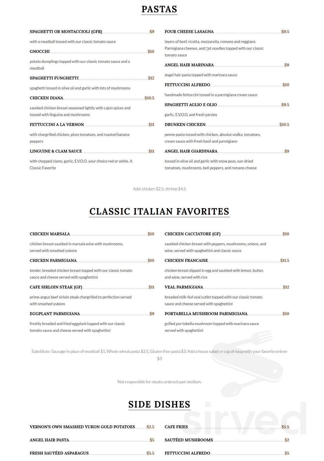 Vernon's Cafe menu in Niles, Ohio, USA