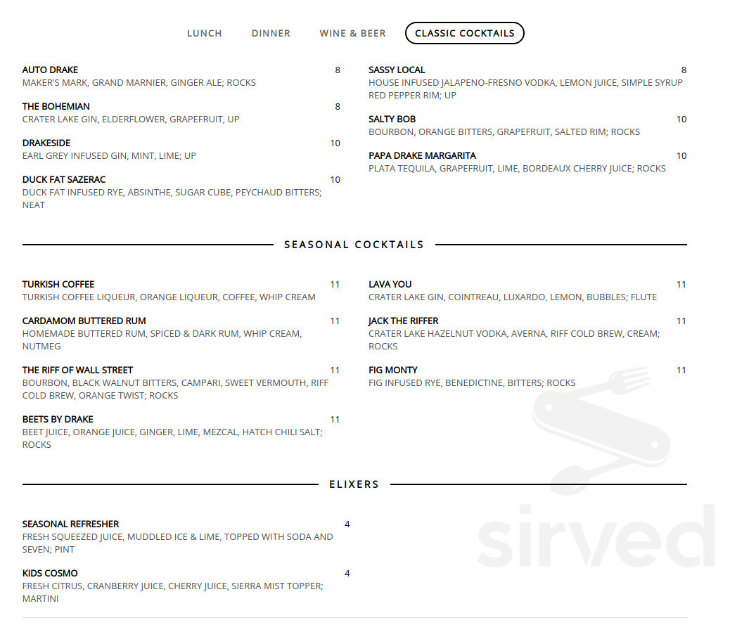 DRAKE-Downtown Bend menu in Bend, Oregon, USA