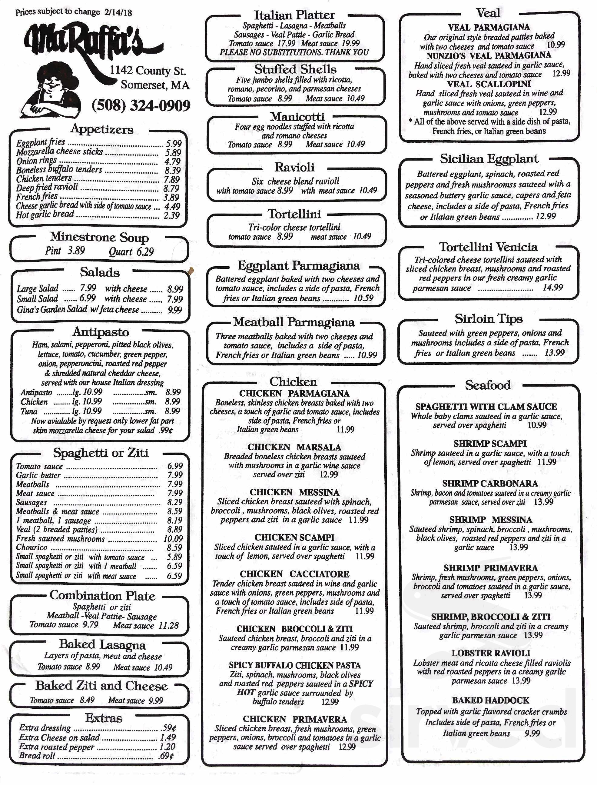 Menu for Ma Raffa's Somerset in Somerset, Massachusetts, United States