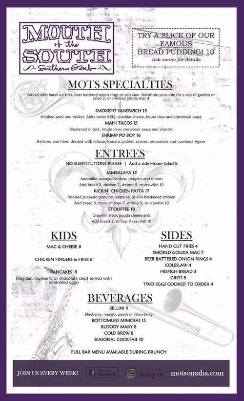 Mouth of the South - Old Market menu in Omaha, Nebraska, USA