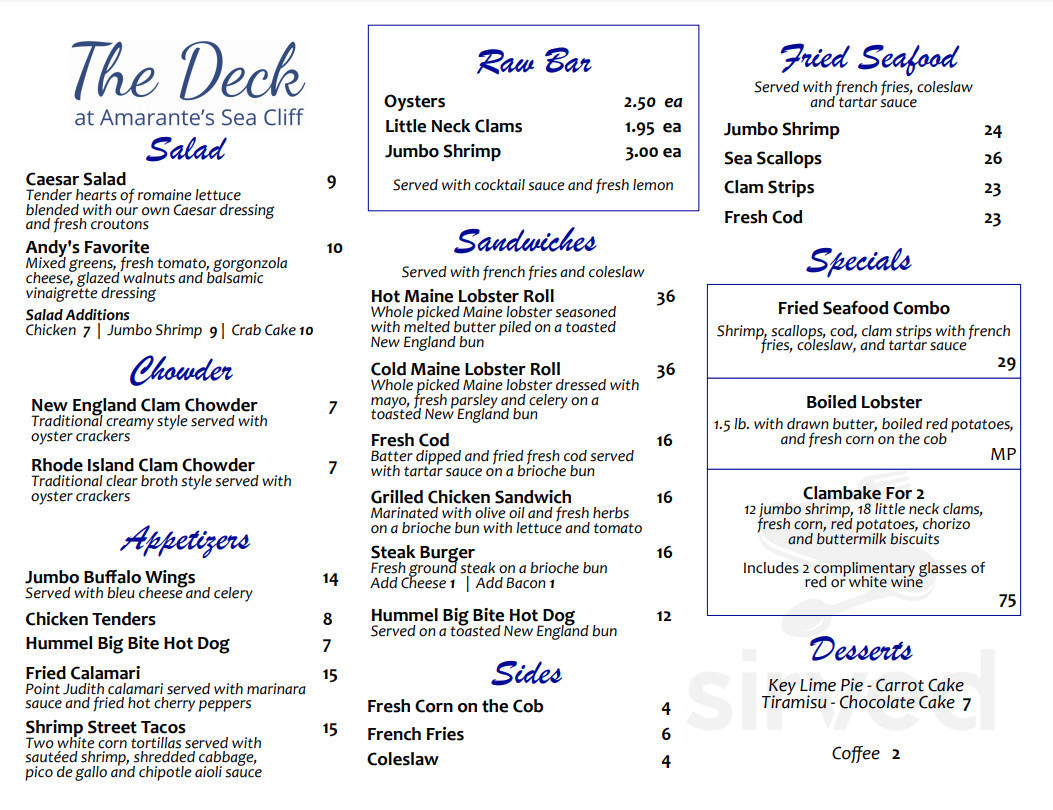 Menu for Amarante's Sea Cliff in New Haven, CT Sirved