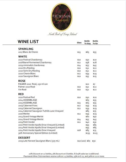 Paumanok Vineyards menu in Aquebogue, New York, USA