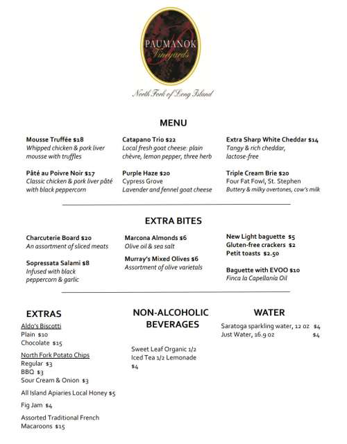 Paumanok Vineyards menu in Aquebogue, New York, USA