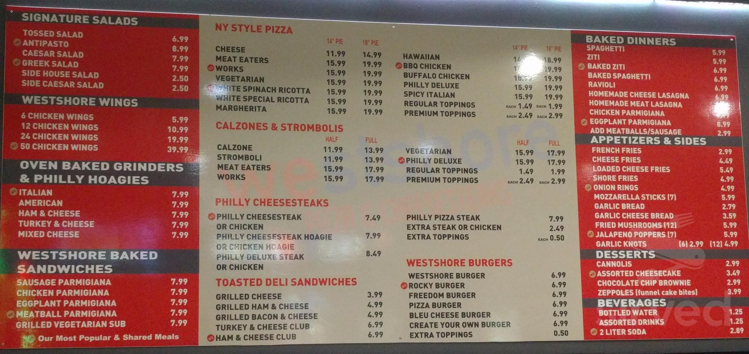 Westshore Pizza XIV menu in Clearwater, Florida, USA
