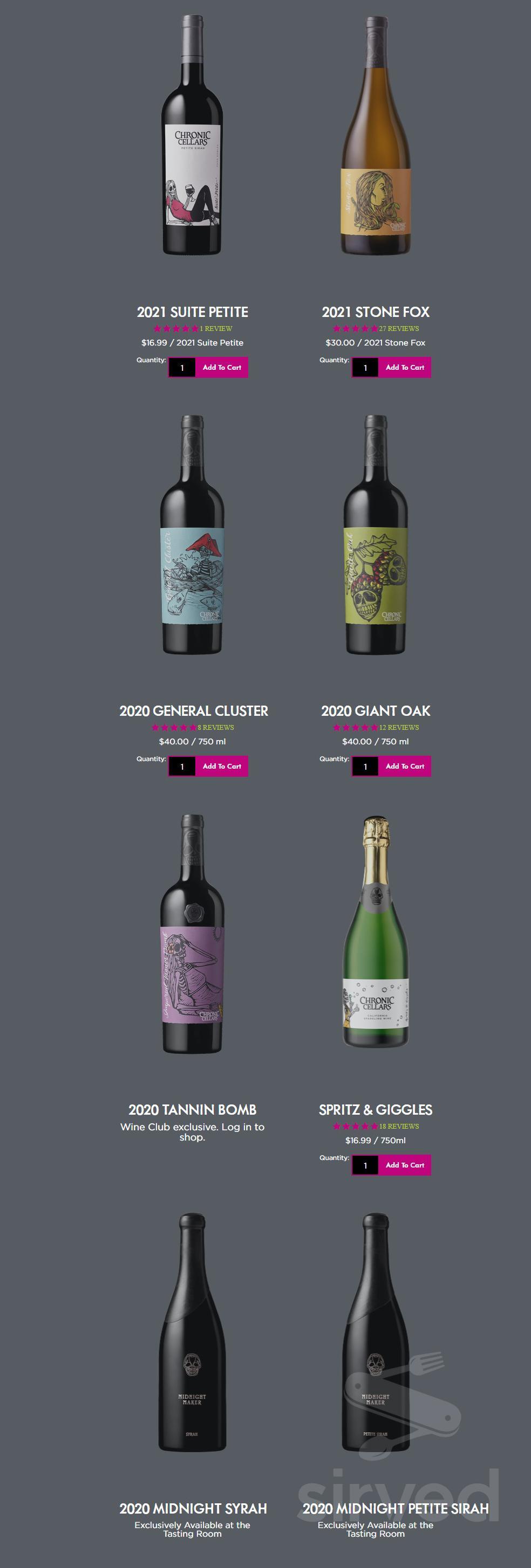 Chronic Cellars menu in Paso Robles, California, USA