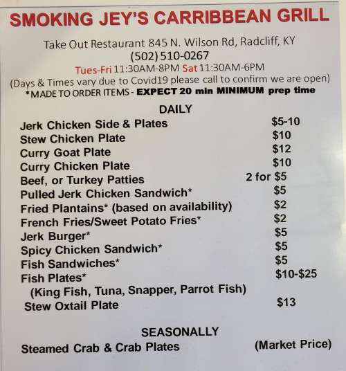 Smoking Jey's Caribbean Grill menu in Radcliff, Kentucky, USA
