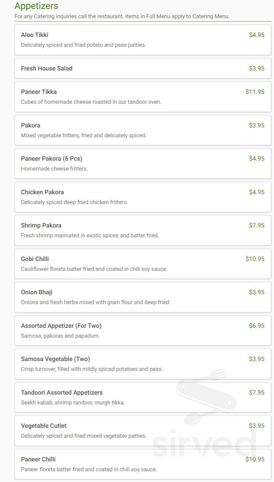 Menu Knoxville TN's Bombay Palace Sirved