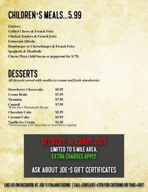 Joe's Italian Cuisine menu in Lenoir City, Tennessee, USA