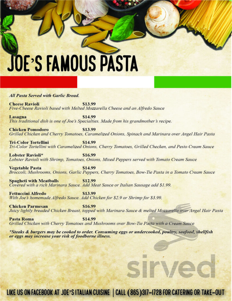 Joe's Italian Cuisine menu in Lenoir City, Tennessee, USA