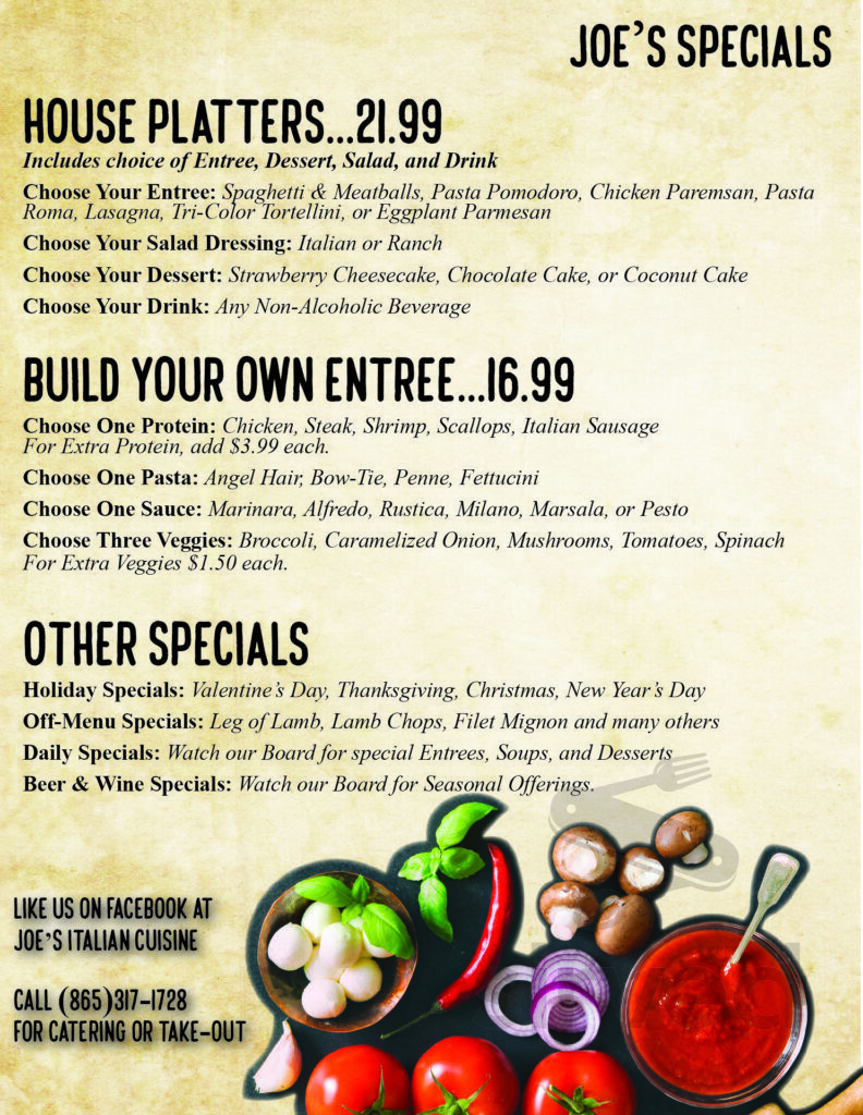Joe's Italian Cuisine menu in Lenoir City, Tennessee, USA