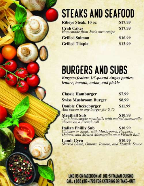 Joe's Italian Cuisine menu in Lenoir City, Tennessee, USA