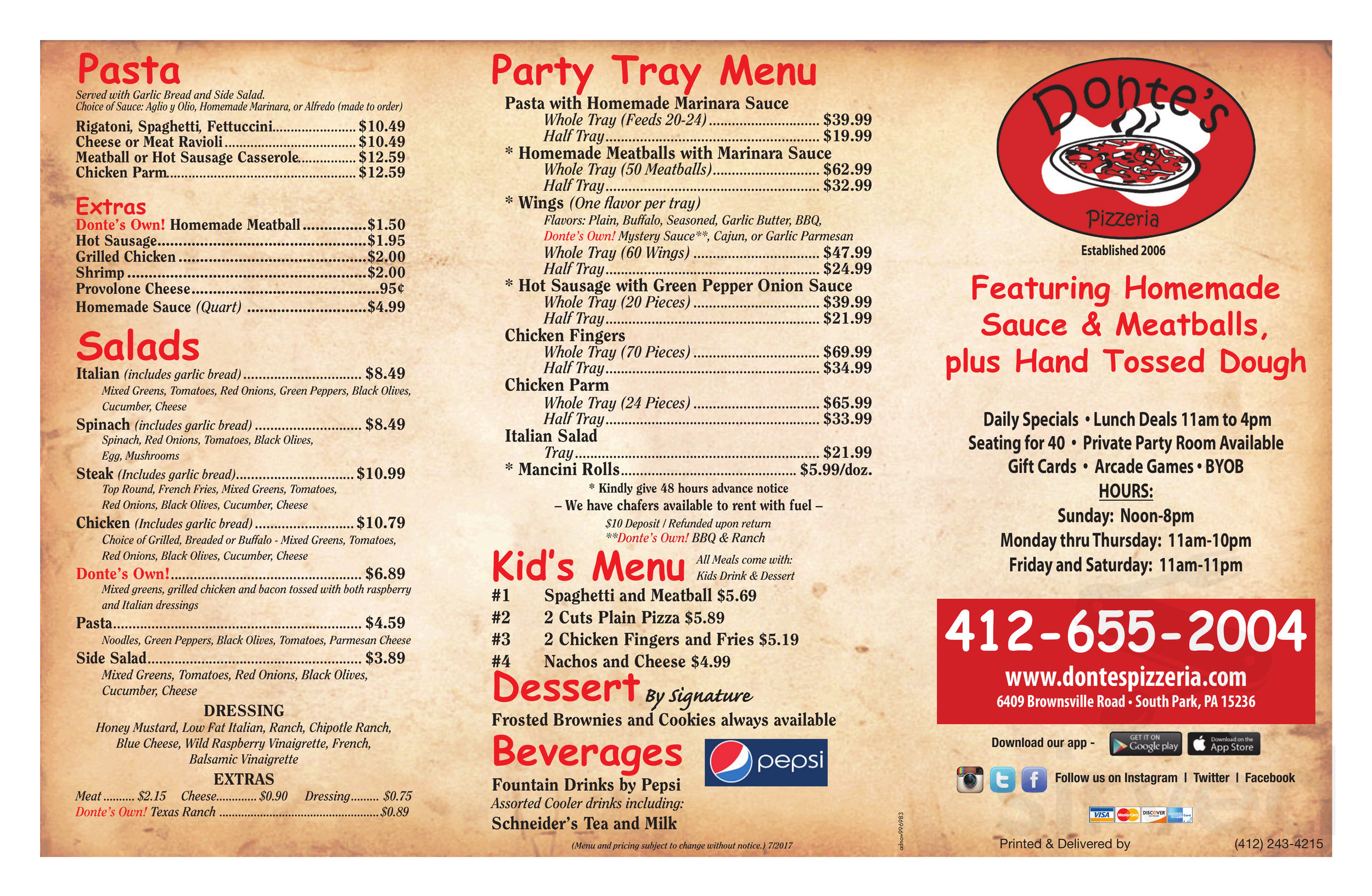Menu for Donte's Pizzeria in Pittsburgh, PA | Sirved