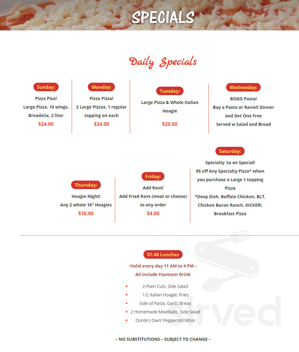 Menu for Donte's Pizzeria in Pittsburgh, PA | Sirved