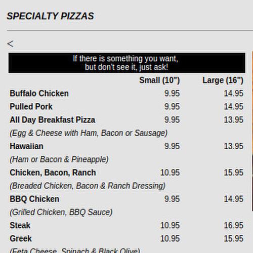 Prime Pizza menu in East Hampstead, New Hampshire, USA