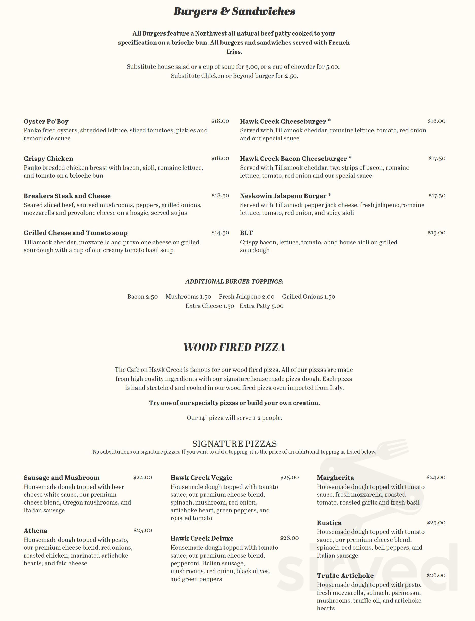 Hawk Ridge Menu Menu - Neskowin OR's The Cafe on Hawk Creek | Sirved
