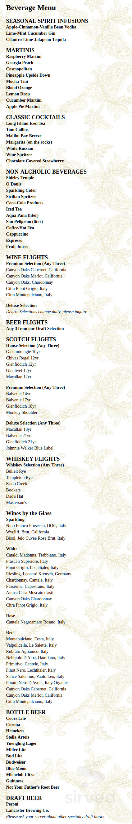 Osteria Avanti drink menu in Leola, Pennsylvania
