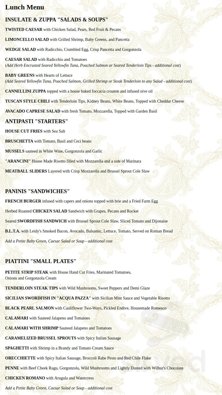 Osteria Avanti lunch menu in Leola, Pennsylvania