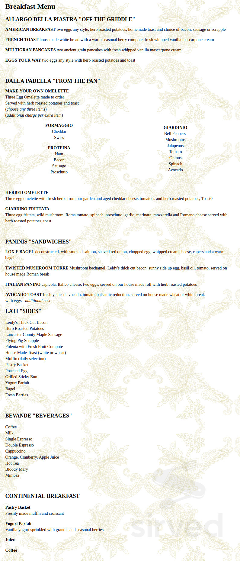 Osteria Avanti breakfast menu in Leola, Pennsylvania