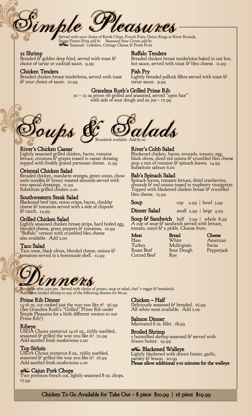 River Inn Bar & Grill menu in Hanover, Minnesota, USA