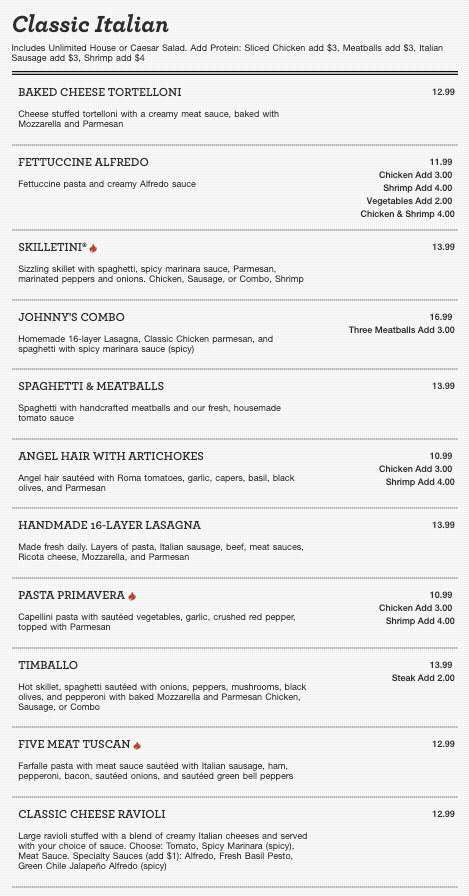 Johnny Carino's menu in Doral, Florida, USA
