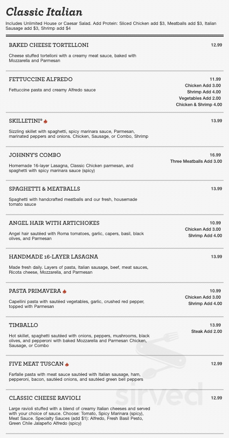 Menu for Johnny Carino's in Laredo, Texas, United States