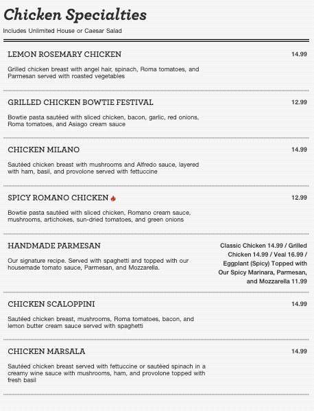 Johnny Carino's menu in Doral, Florida, USA