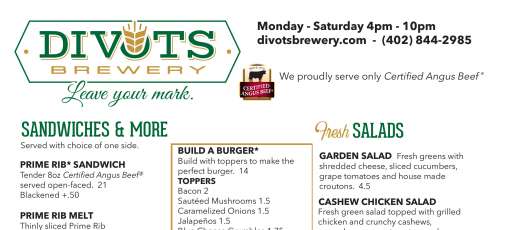Menu for Divots Brewery Taproom - Norfolk, NE | Sirved