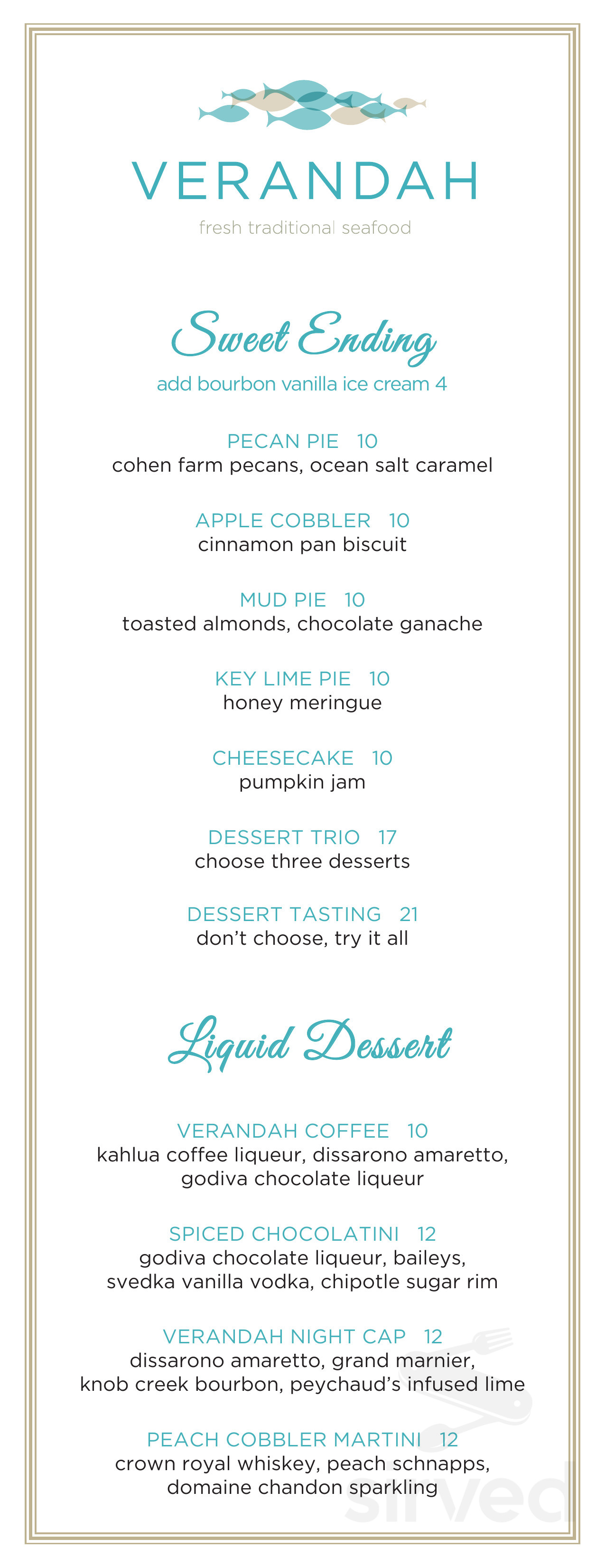 Verandah Restaurant menu in Amelia Island, Florida, USA