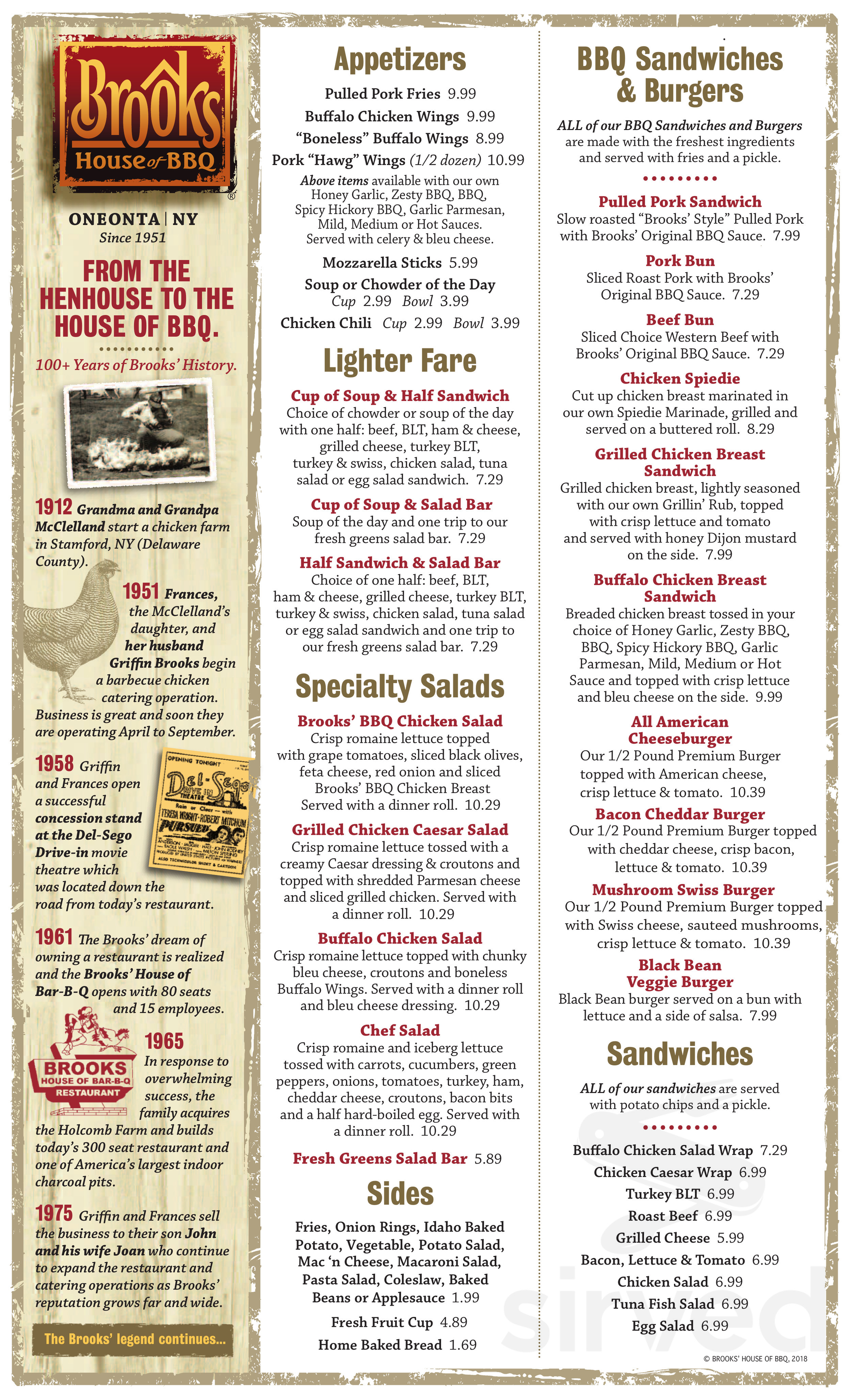 Menu for Brooks' House of Bar-B-Q in Oneonta, NY | Sirved