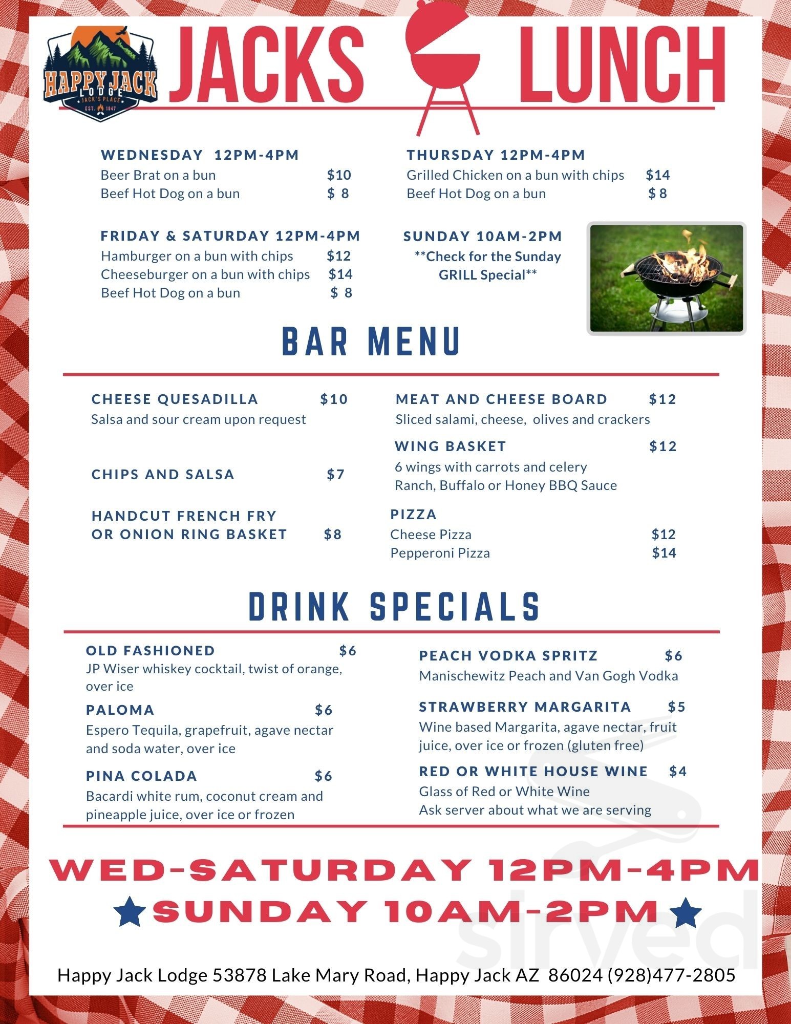 Jack's Place menu in Happy Jack, Arizona, USA