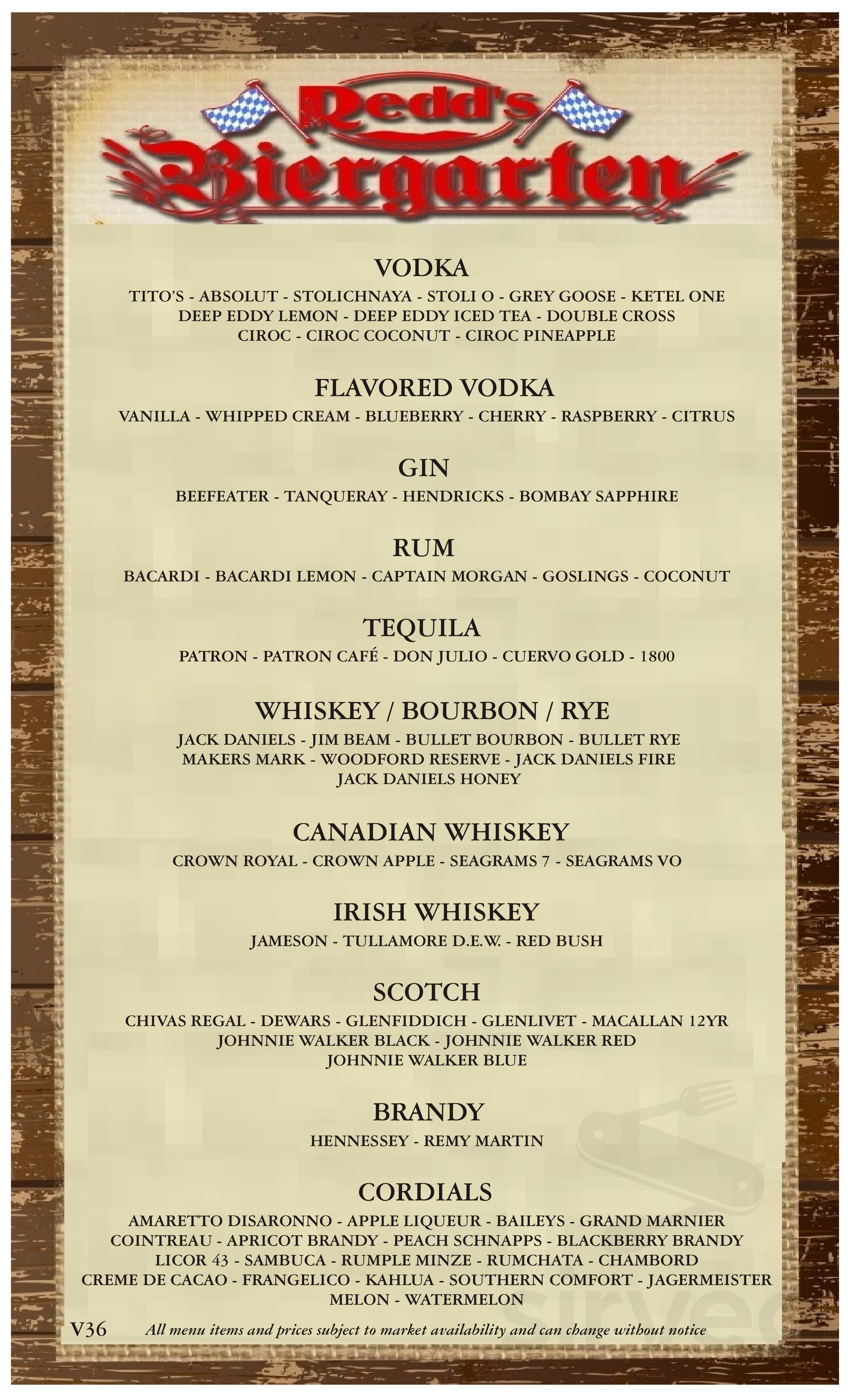 Redd's Biergarten menu in Newark, New Jersey, USA