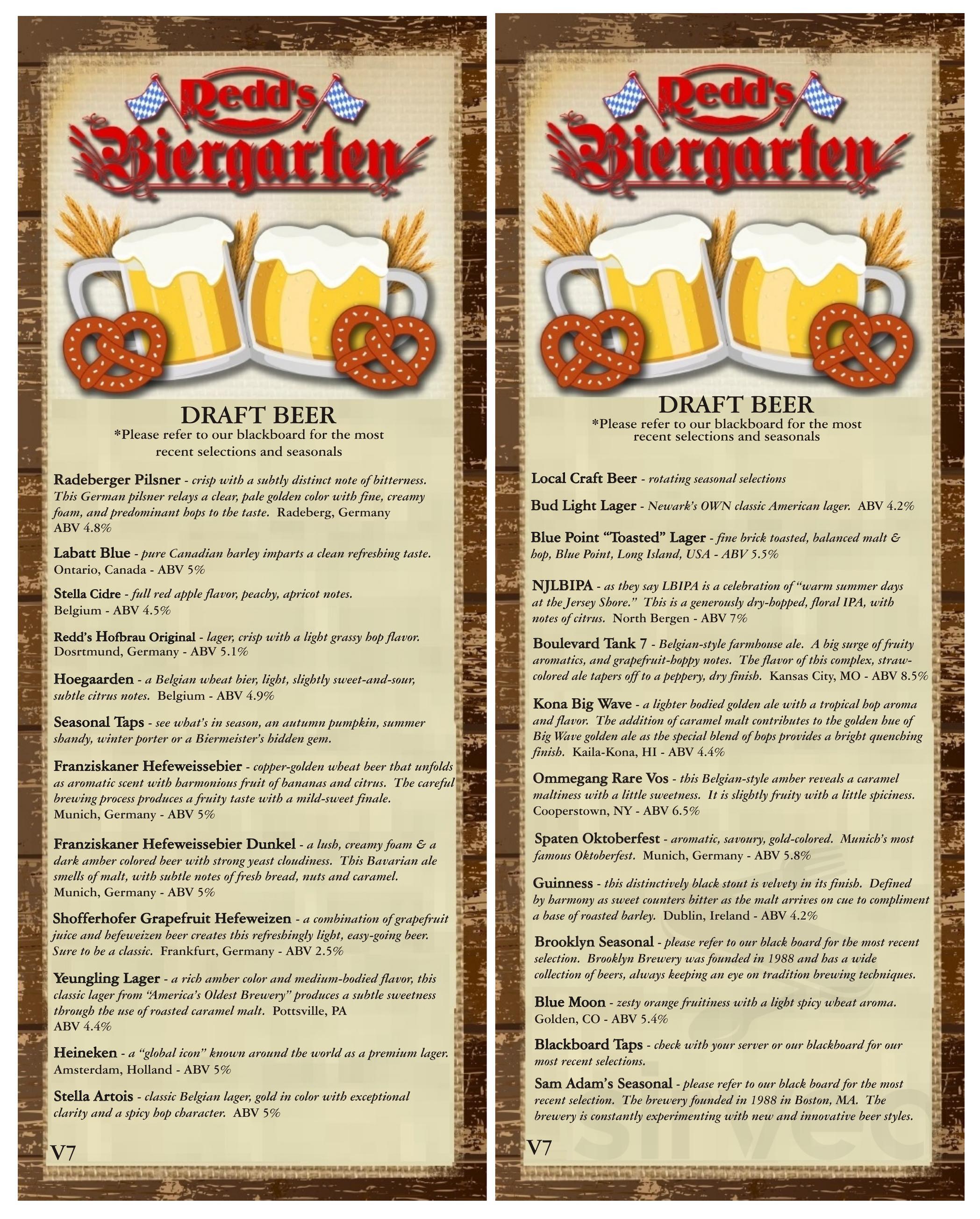 Redd's Biergarten menu in Newark, New Jersey, USA